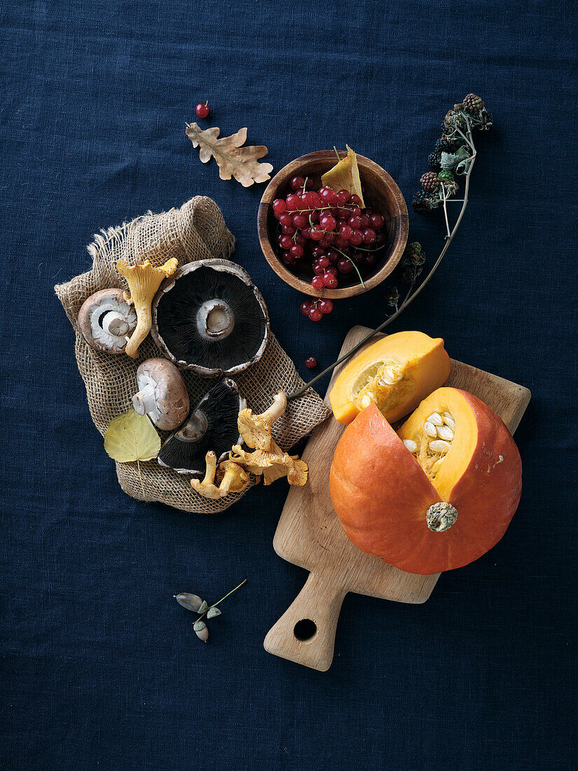 Zutaten für Herbstgerichte auf dunkelblauem Hintergrund. Flat-Lay von Herbstgemüse, Beeren und Pilzen aus dem lokalen Markt. Vegane Zutaten