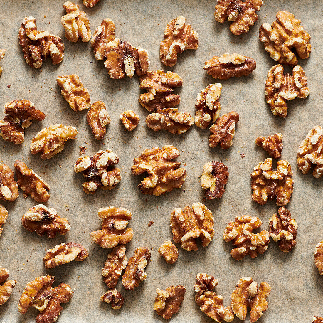 Toasted walnuts on parchment paper on a sheet pan.