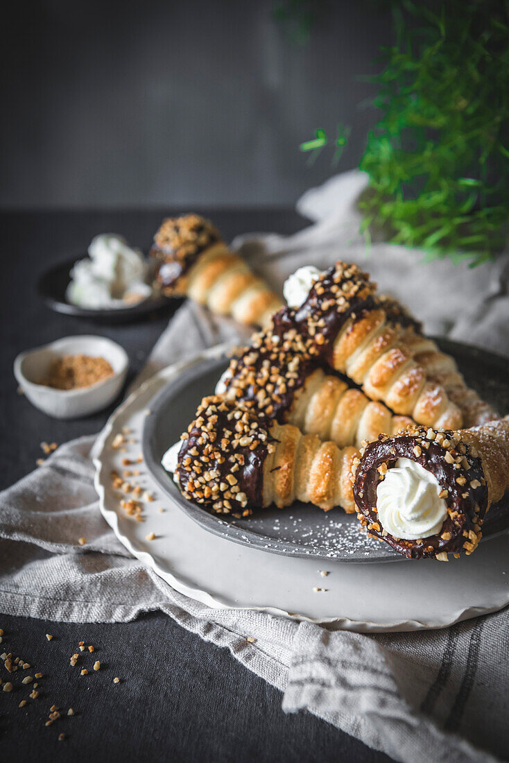 Homemade chocolate and fresh cream croissants