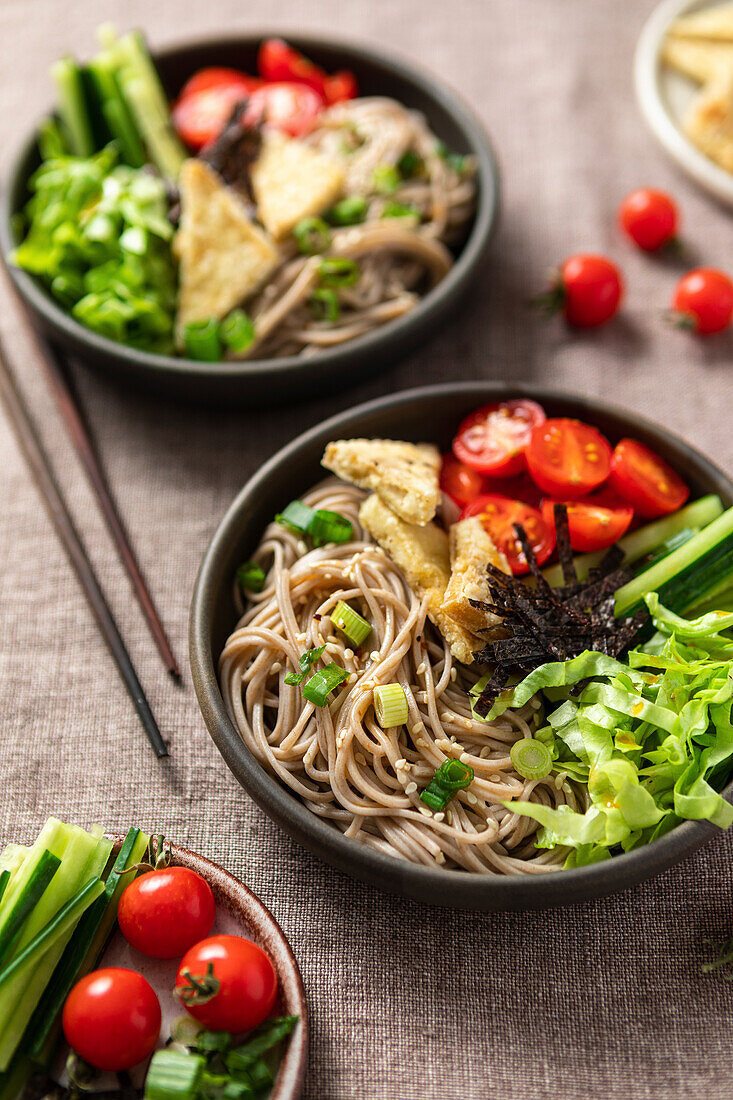 Fresh soba salad with noodles