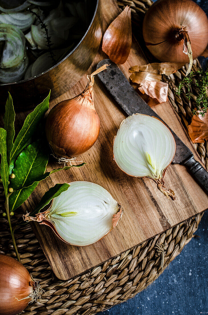 Making onion soup in a rustic kitchen