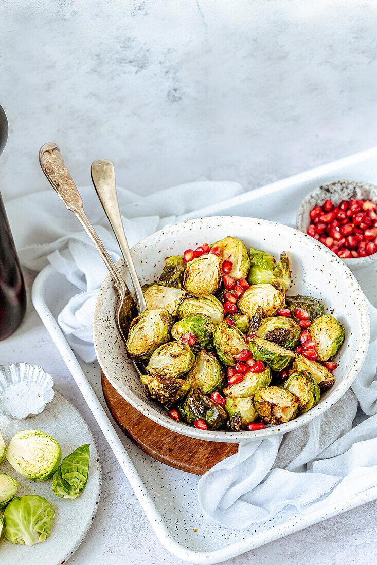 Roasted Brussels sprouts in a serving bowl