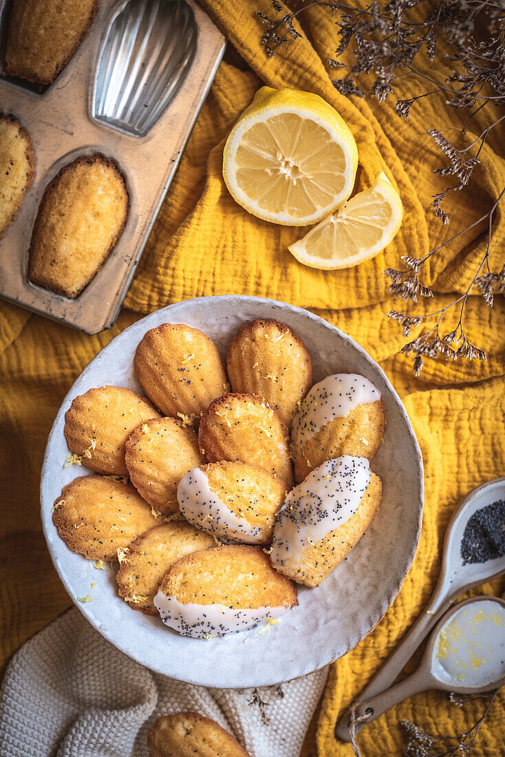 Lemon madeleines with poppy seeds on a yellow background