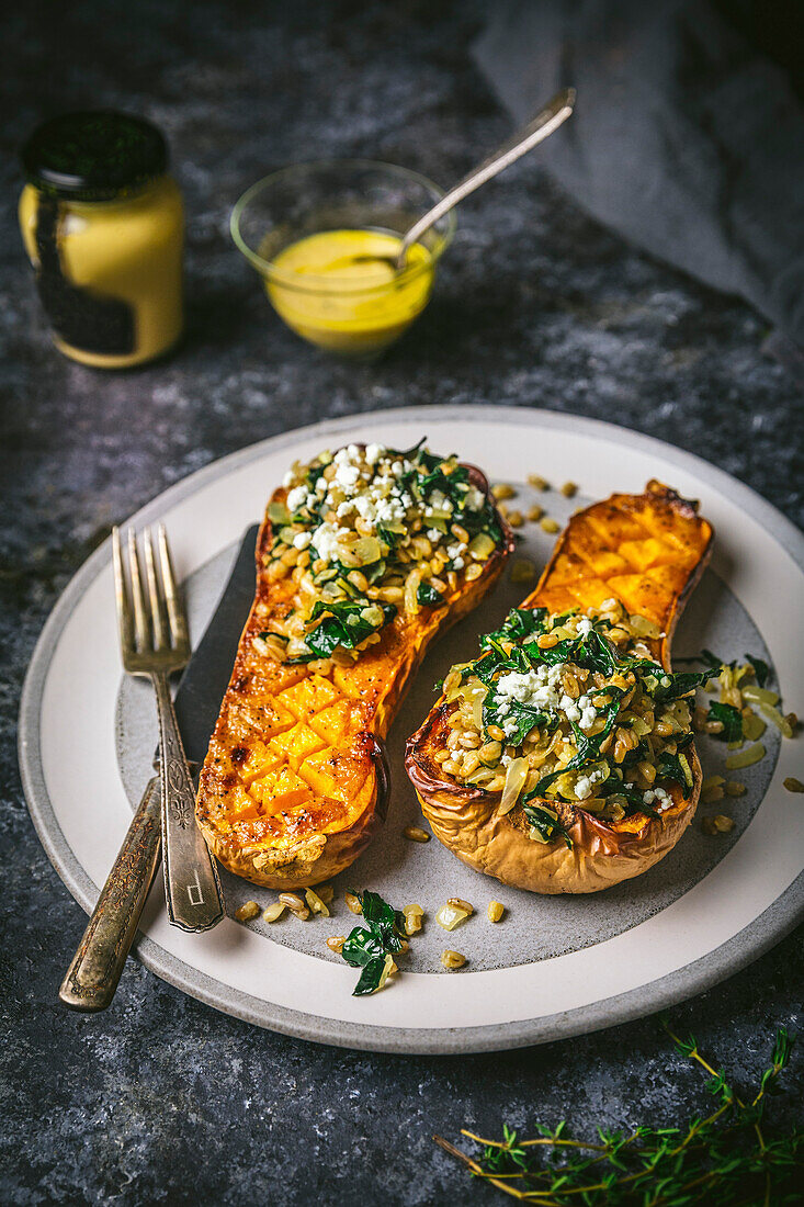 Butternut squash halves glazed with mustard, filled with farro and kale, on a plate with glaze in a bowl, orientated sideways
