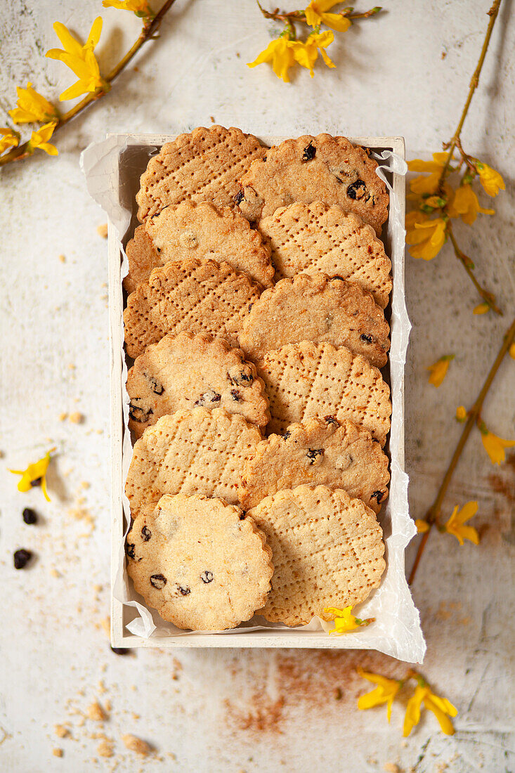 A box of Shrewsbury biscuits surrounded by yellow flowers