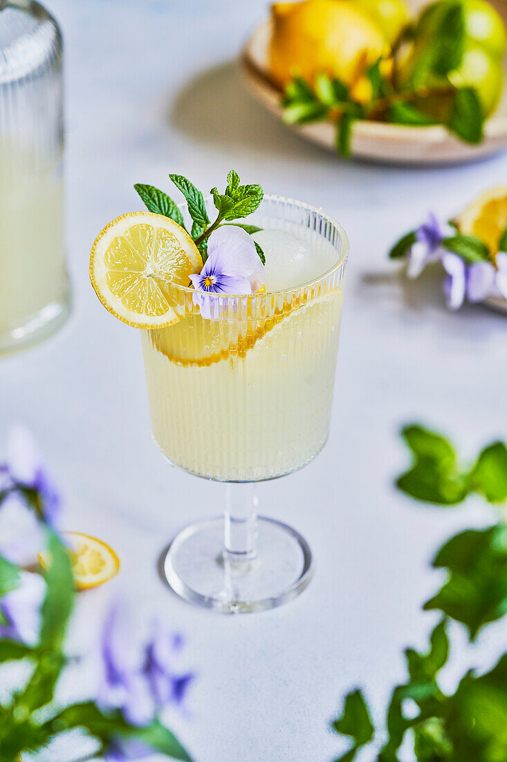 Zitronen-Minze-Limonade Mocktail auf hellblauem Hintergrund mit Zitrone, Minze und lila Blumengarnitur