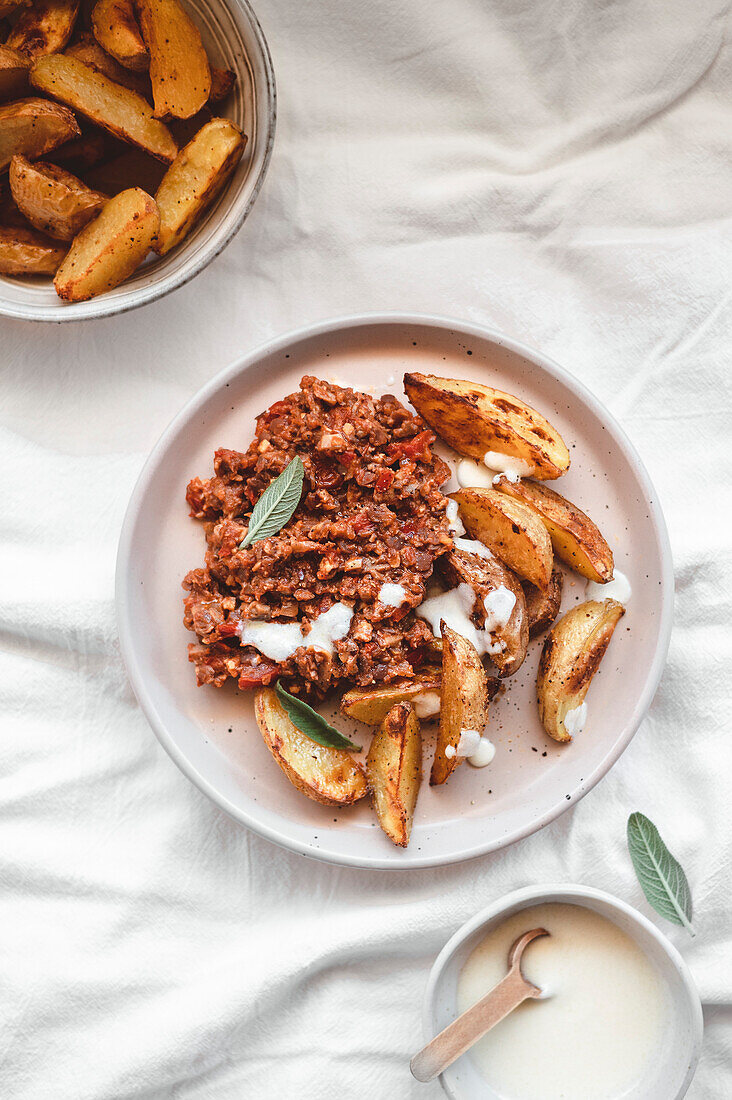 Veganer Bologneseteller mit Bratkartoffeln, Joghurt und Salbei im Lichttisch