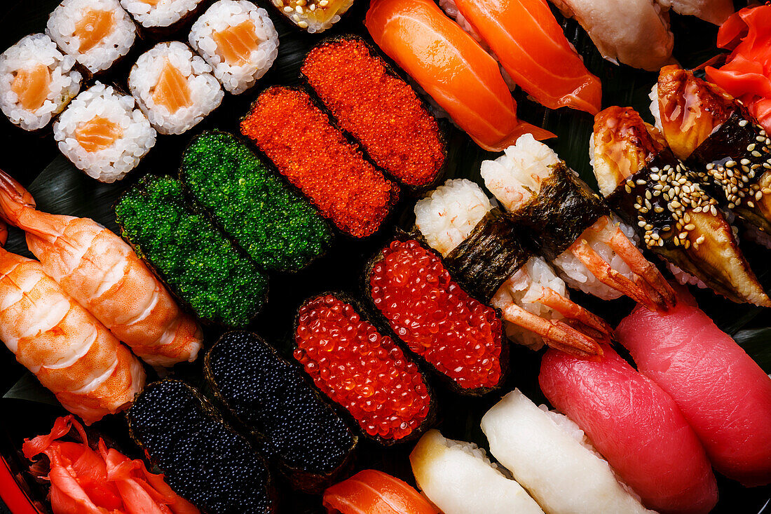 Sushi set gunkan, nigiri and rolls close-up