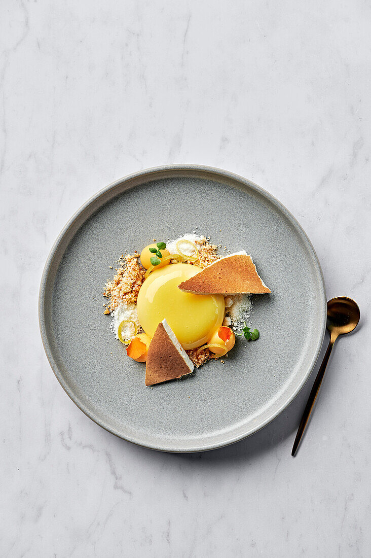 Glasiertes Zitronenparfait, Yuzu-Curd, Macadamia- und weißer Schokoladenschnee, kandierte Zitronenschale, Mandelpraline, Mikrobasilikum