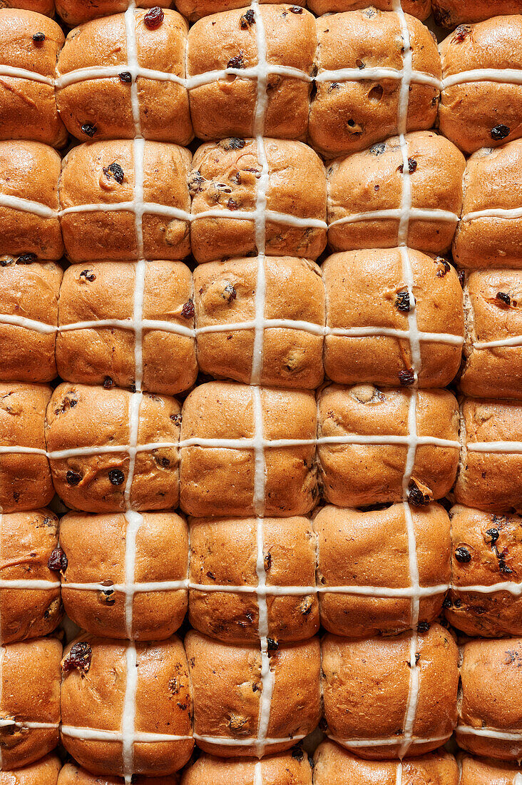 Freshly baked traditional Easter rolls with fruit on top