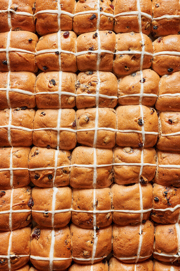 Freshly baked traditional Easter rolls with fruit from above