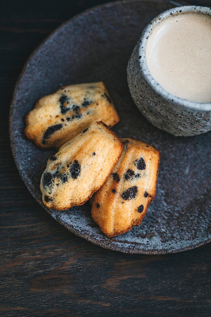 Französische Madeleines-Kekse auf einem Keramikteller, serviert mit Kaffee