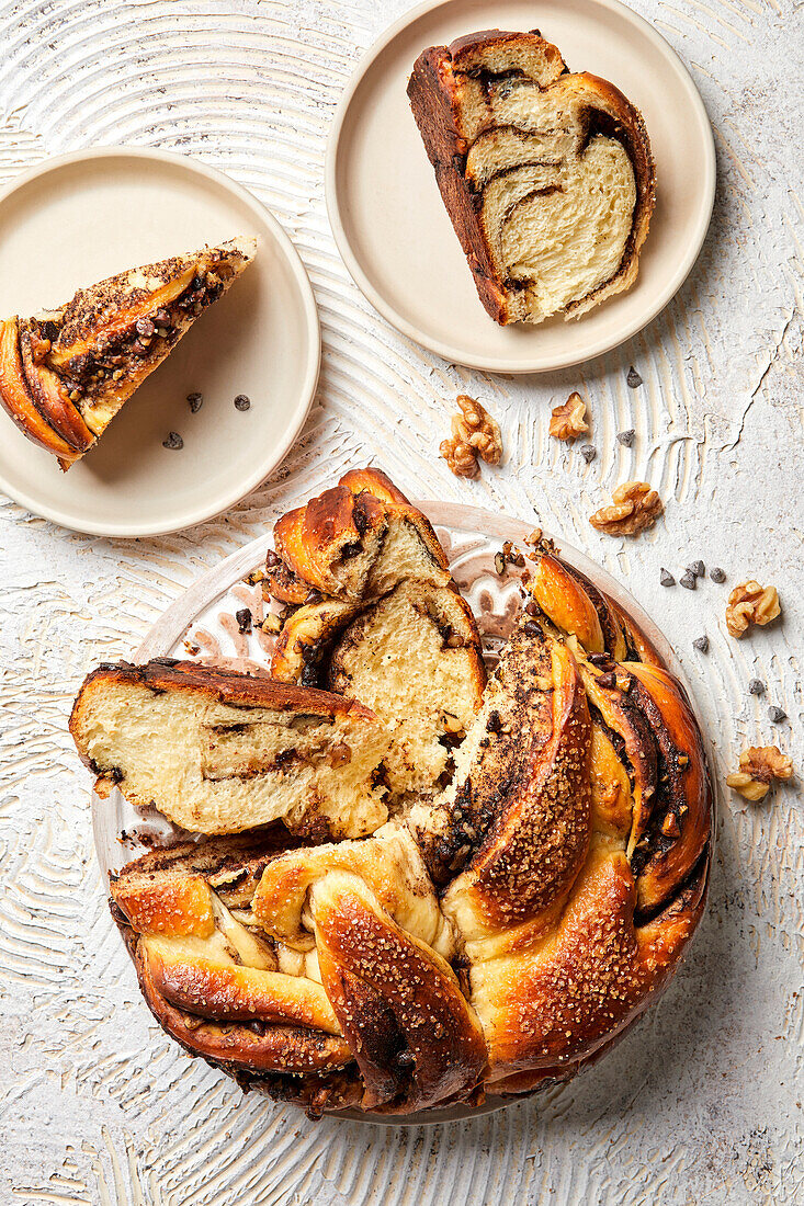 Fresh chocolate and walnut swirl bread