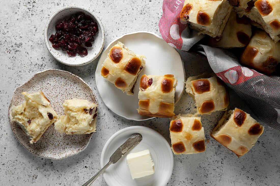 Fresh hot cranberry hot cross buns