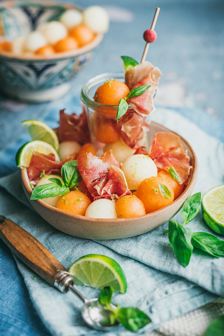 Prosciutto and melon salad with lime and basil vinagrette