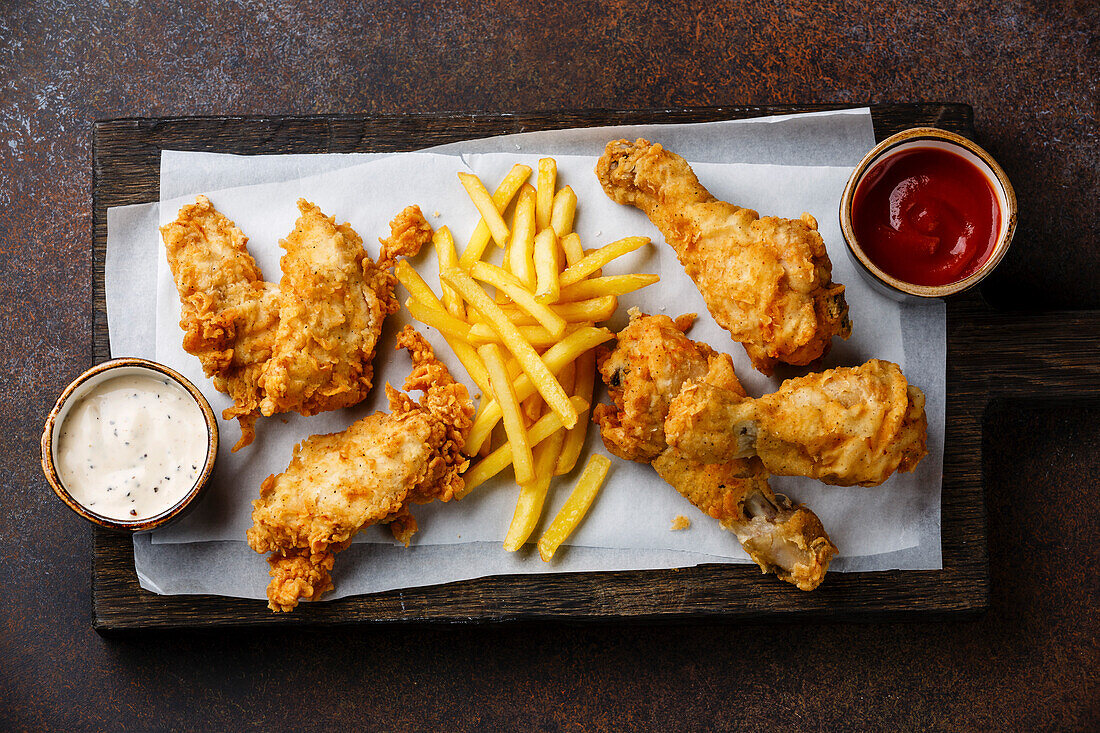 Fried breaded chicken thighs with a favourite sauce on a brown background