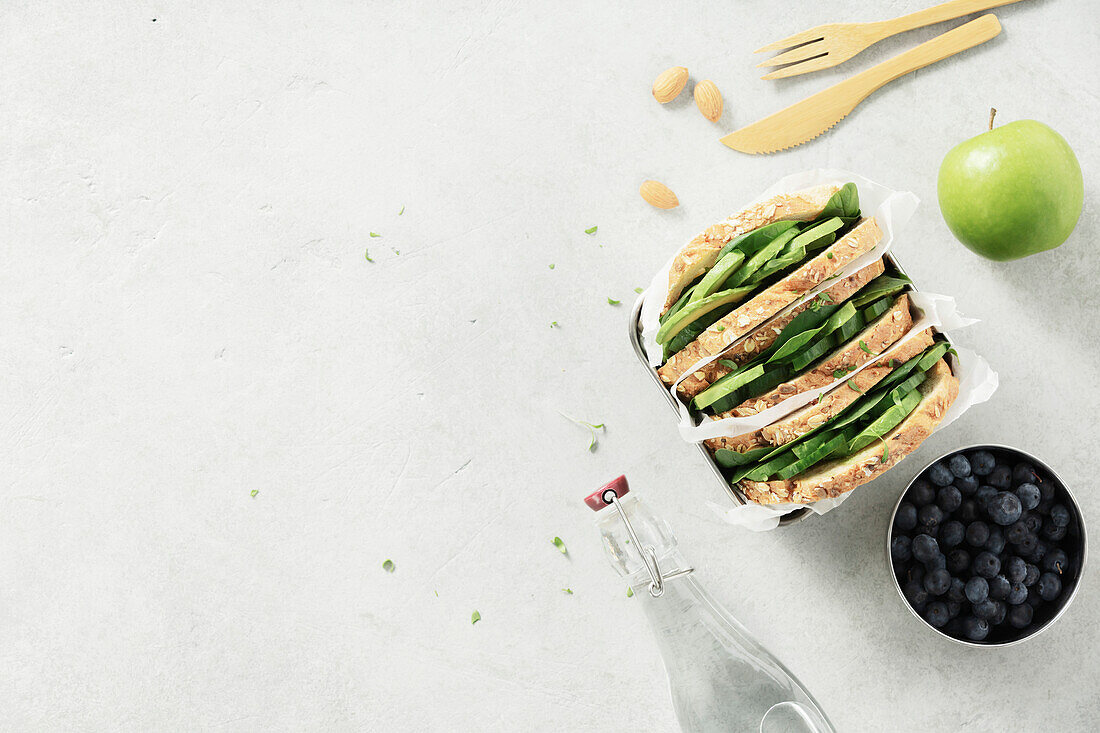 Healthy sandwich flat lay with space for your text. Vegan eating, eco friendly, zero waste concept copy space