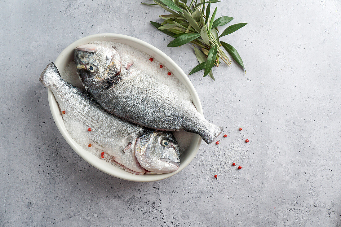 Delicious sea bream, ready for salting, fish, top view