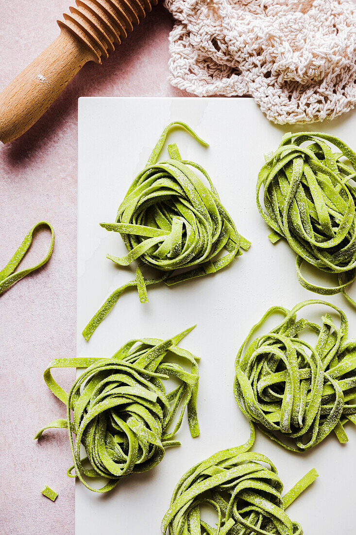 Fresh homemade green spinach tagliatelle