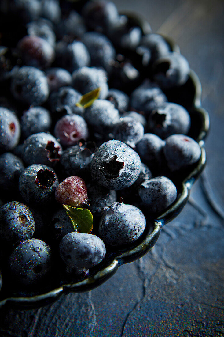 Blaubeeren mit Wassertröpfchen vor blauem Hintergrund