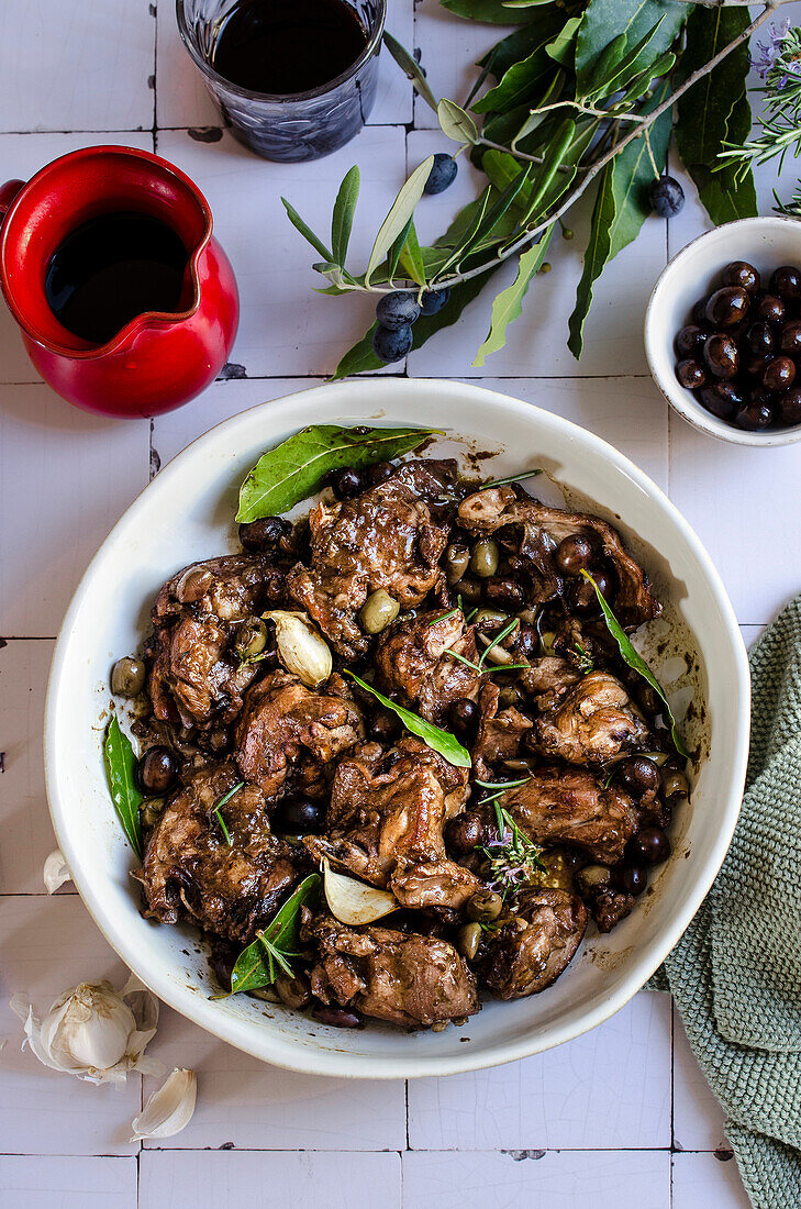 Ligurian braised rabbit in a bowl