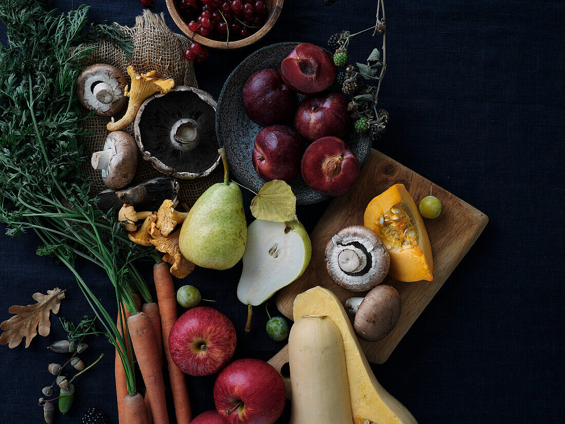 Herbst Lebensmittel Zutaten auf dunkelblauem Hintergrund. Flat-Lay von Herbstgemüse, Beeren und Pilzen aus dem lokalen Markt. Vegane Zutaten