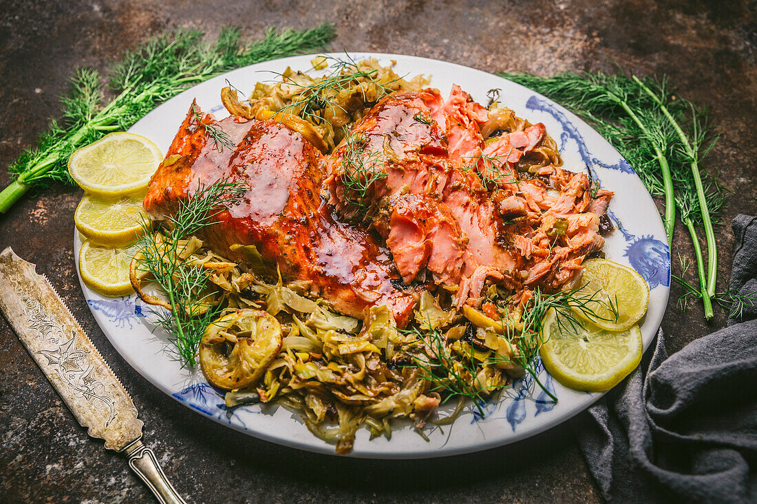 Glasierter Lachs und gebratener Fenchel auf einer Servierplatte, garniert mit Zitrone und Fenchelzweigen