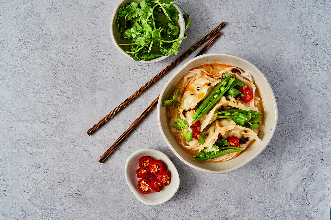 Vegetable gyoza noodles with sugar snaps, coriander and chilli on a grey surface