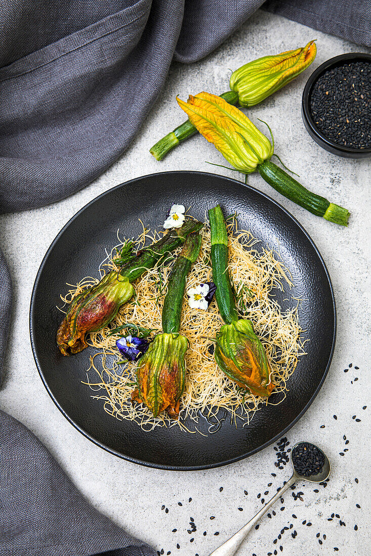 Courgette flowers, hazelnuts, ricotta pine nuts and sun-dried tomatoes