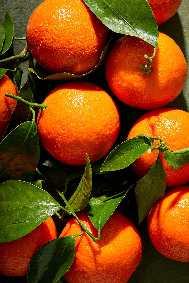Mandarin oranges with stems and leaves on a green background