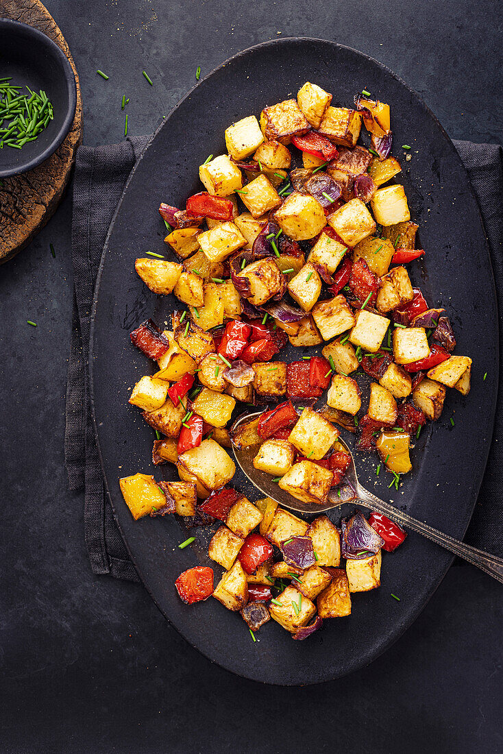 Gebratene Kartoffeln, Paprika und Zwiebeln auf ovalem Tablett