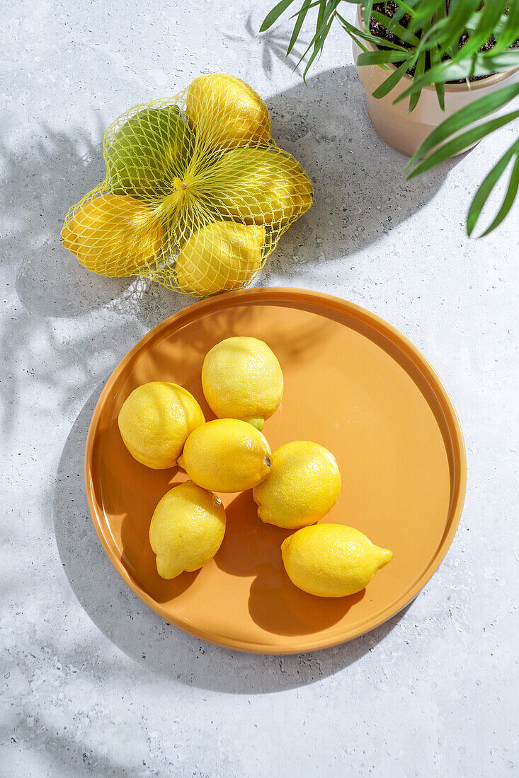 Fresh lemons on a yellow plate. harsh sunlight and shadow