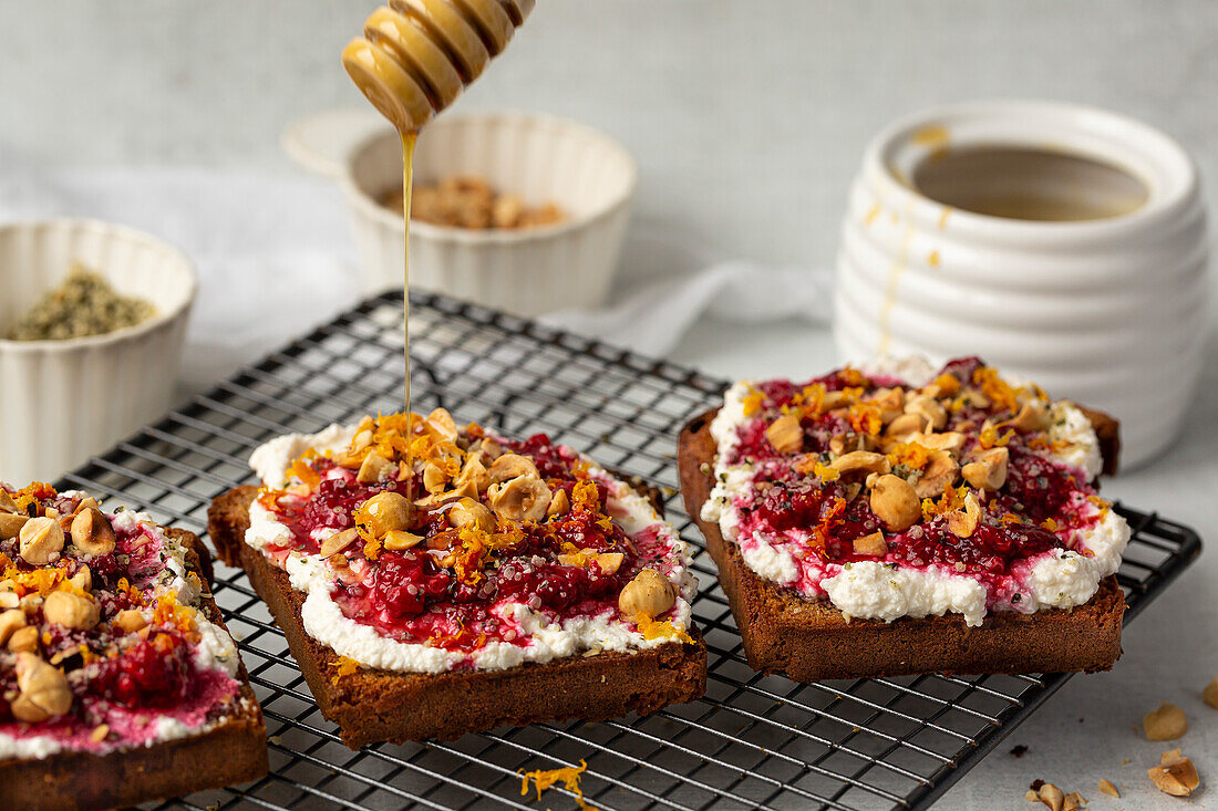 Banana bread ricotta toast drizzled with honey