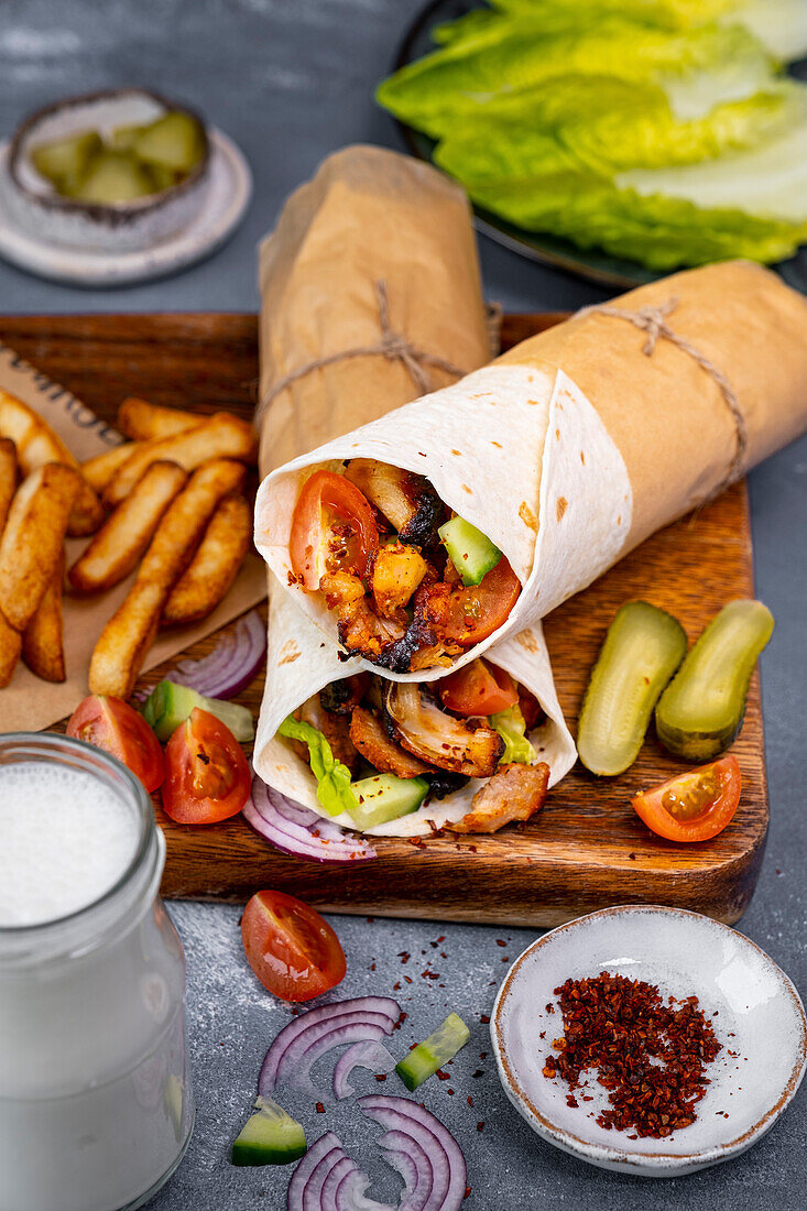 Chicken doner wraps served with chips, pickles and salad on a wooden board.