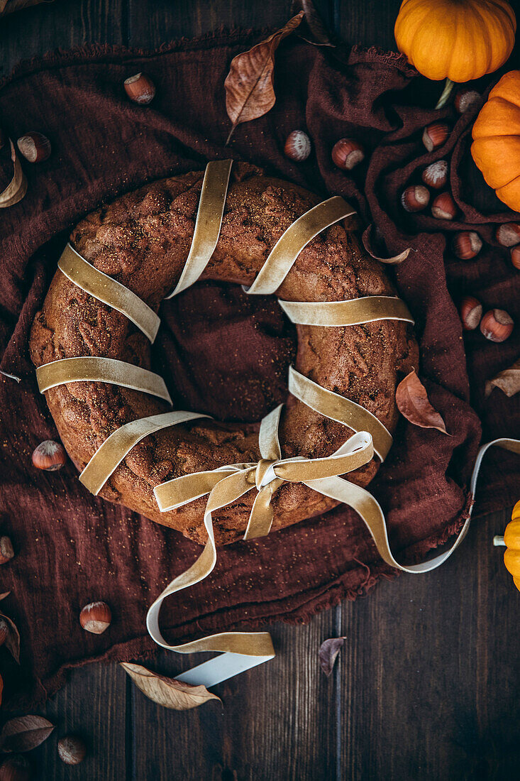 Autumn wreath cake tied with a festive bow