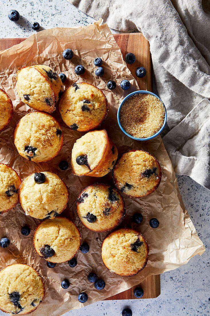 Blueberry muffins on parchment paper