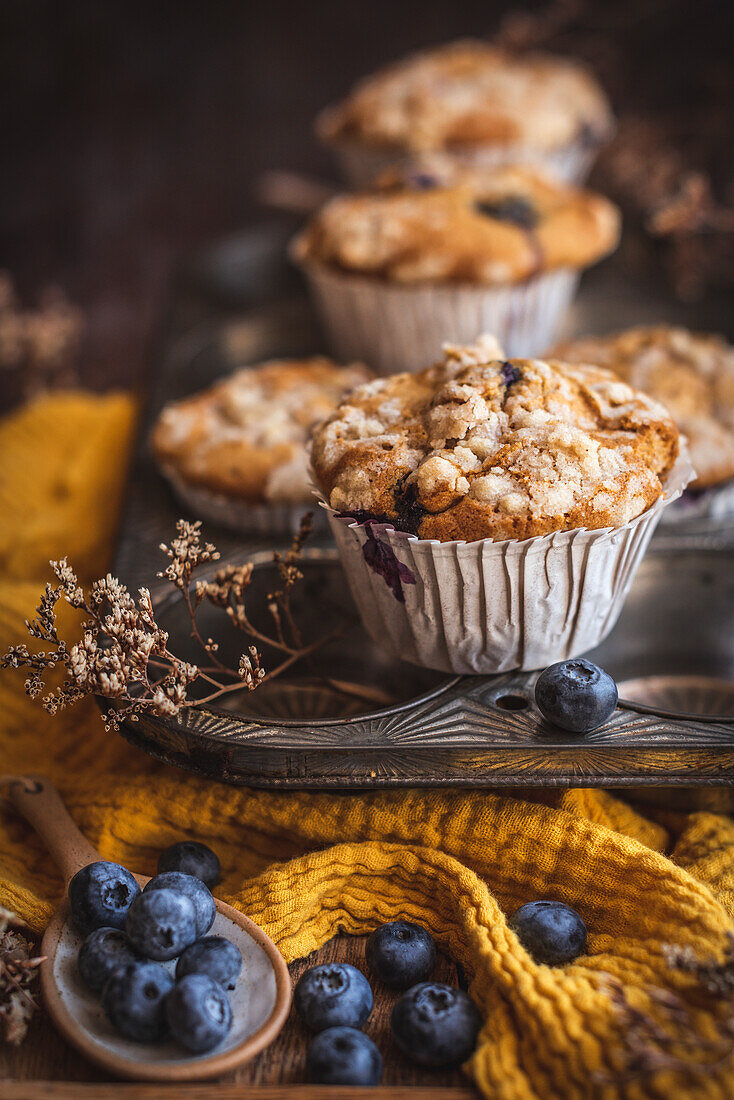 Kürbis- und Blaubeer-Muffins in einem Backblech