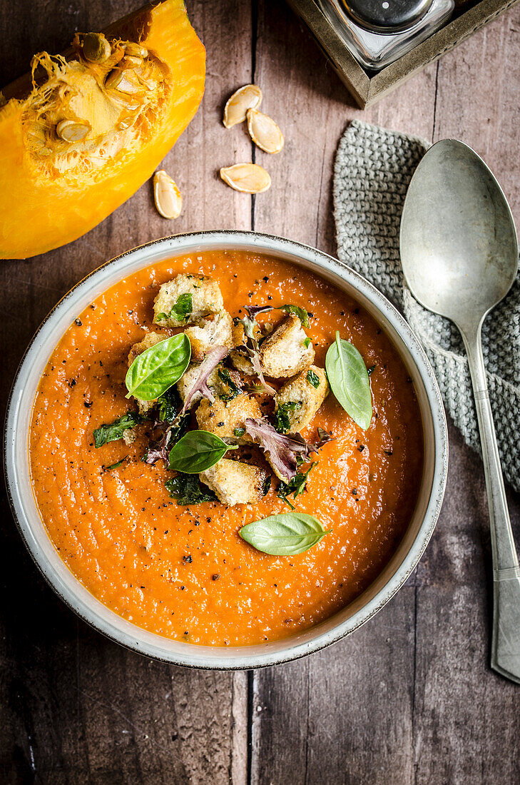 Pumpkin gazpacho in a bowl