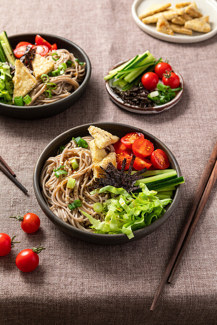 Fresh soba salad with noodles