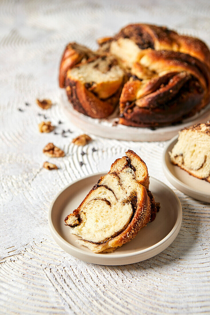 Fresh chocolate and walnut strudel bread