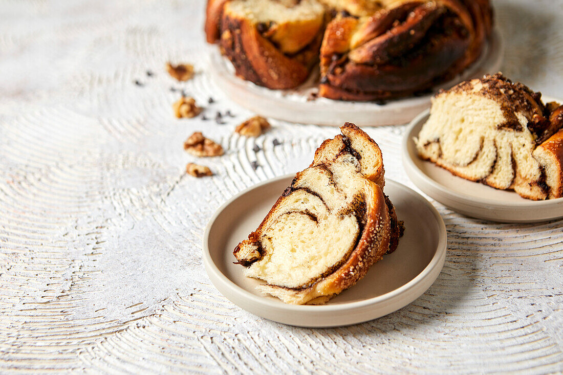 Fresh chocolate walnut strudel bread