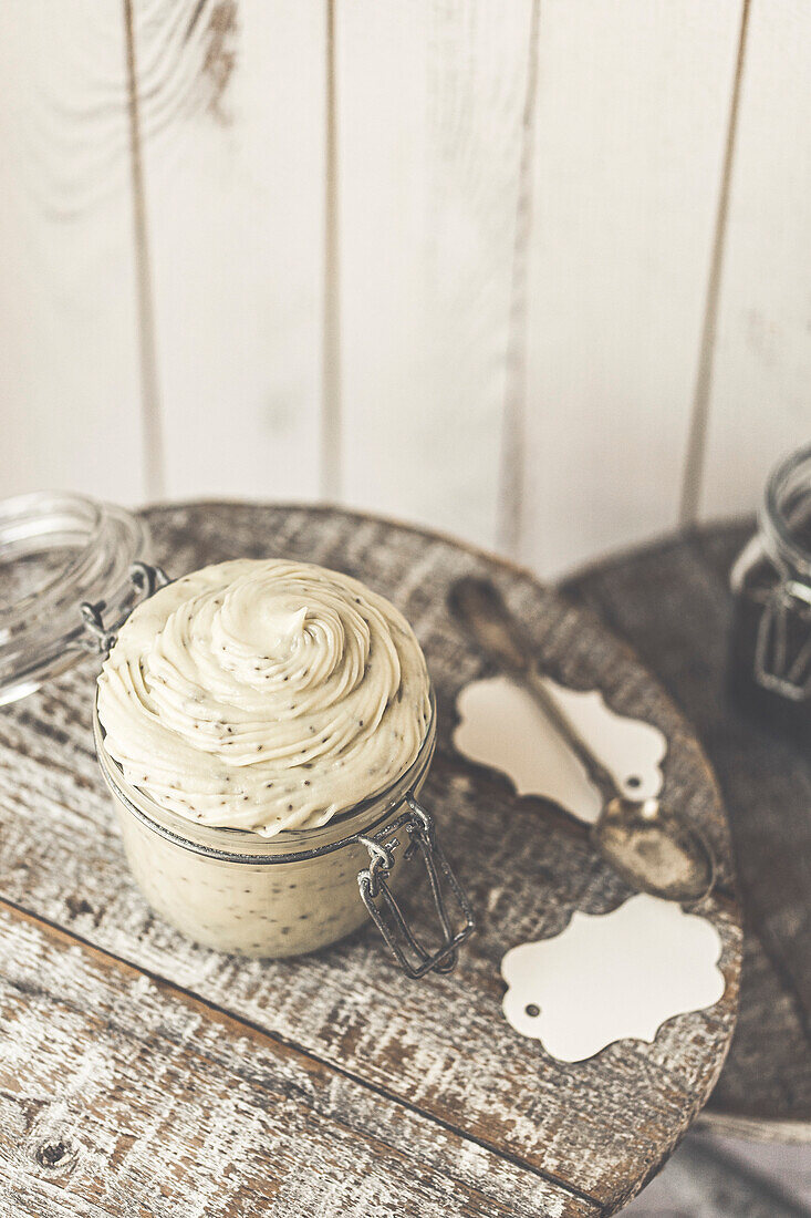 A homemade chia pudding in a rustic wooden kitchen