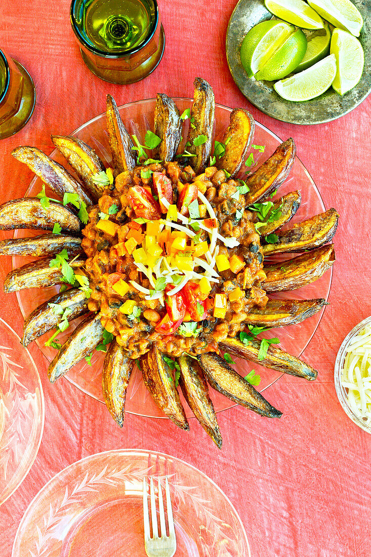 Vegetarian three-bean chilli fries on pink background