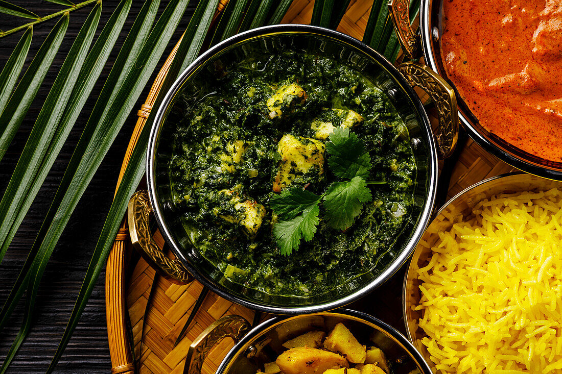 Palak Paneer indian food with cheese and spinach in Kadai dish