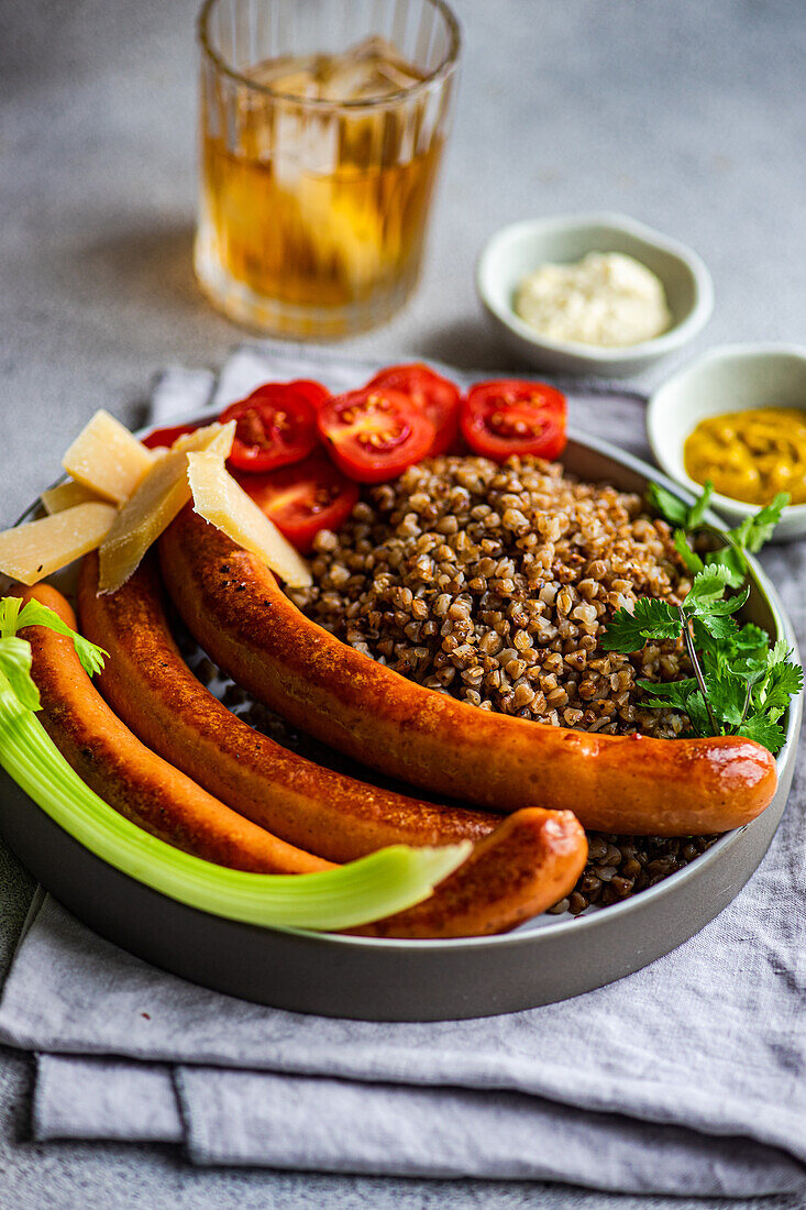 Healthy lunch bowl with buckwheat and sausages, served on the table