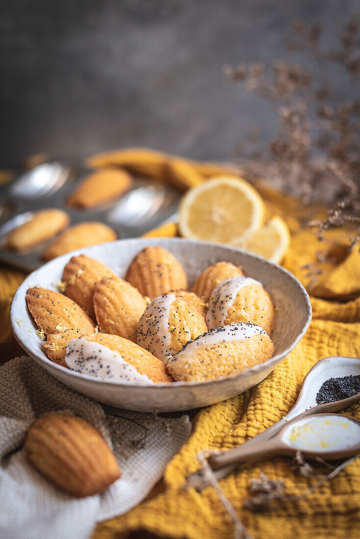 Zitronen-Madeleines mit Mohn vor gelbem Hintergrund