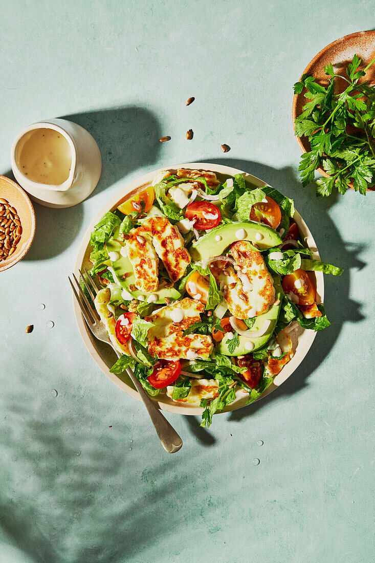 Halloumi and avocado tomato salad with sunflower seeds, yoghurt dressing, herbs and water on a green background with shade