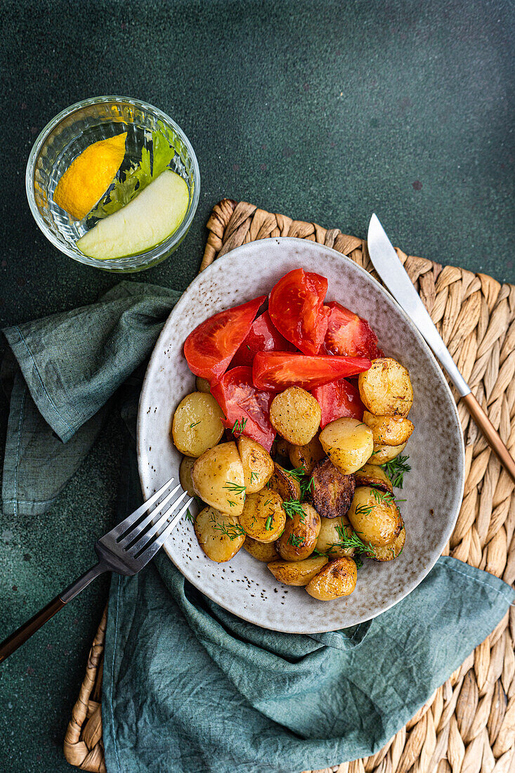 Gebratene Frühlingskartoffel mit frischem Dillkraut und Rohkostsalat, serviert in einer Schüssel neben Wasser mit Zitrone