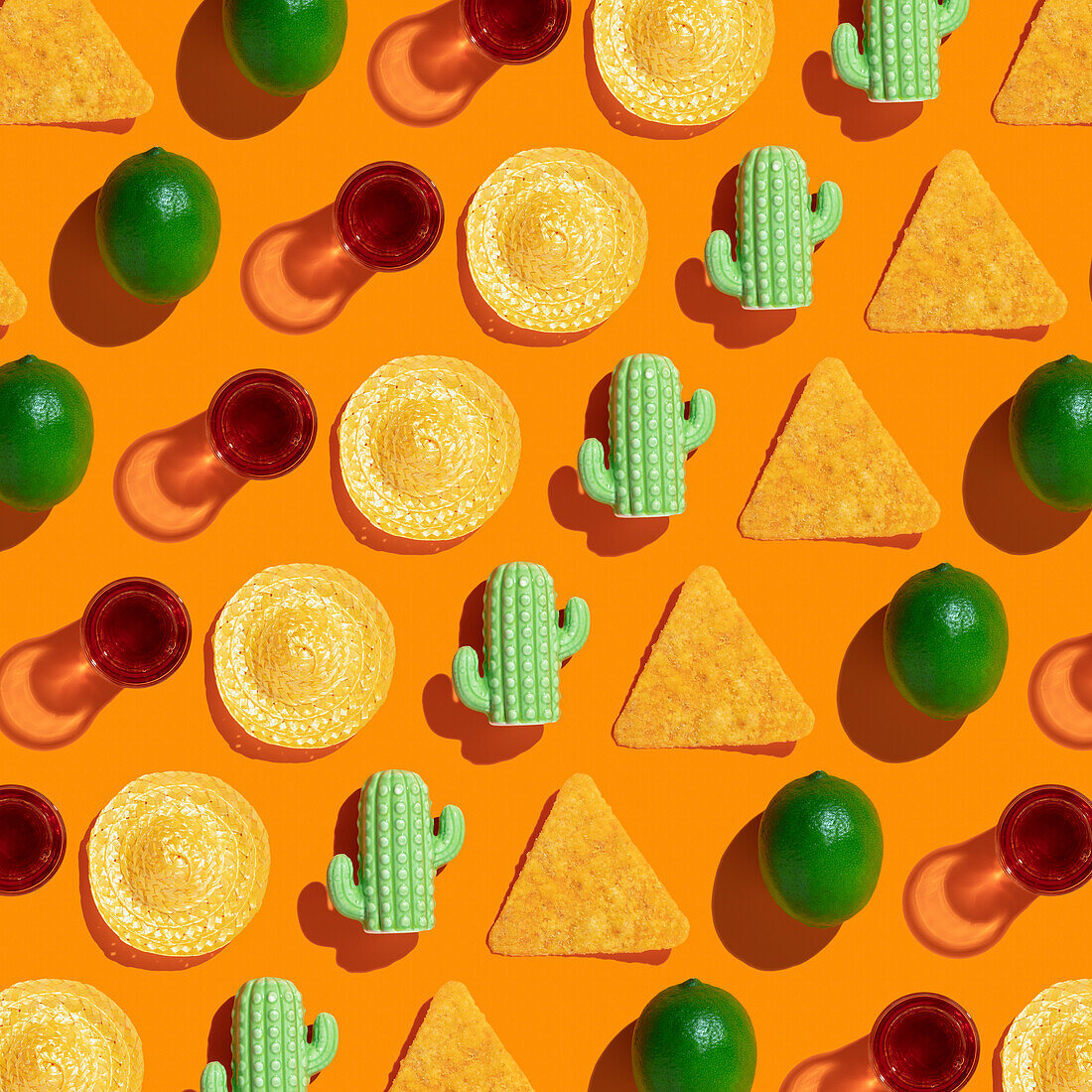 Mexikanisches Muster auf orangem Hintergrund. Konzept für mexikanisches Essen. Restaurant-Menü, Fiesta, Feier. Limette, Sombrero, Tequila, Kaktus, Nachos Flachbildansicht von oben
