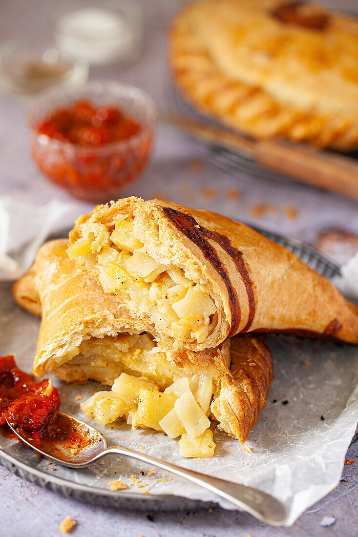 A cheese and onion pasty with potato split pen on a plate.